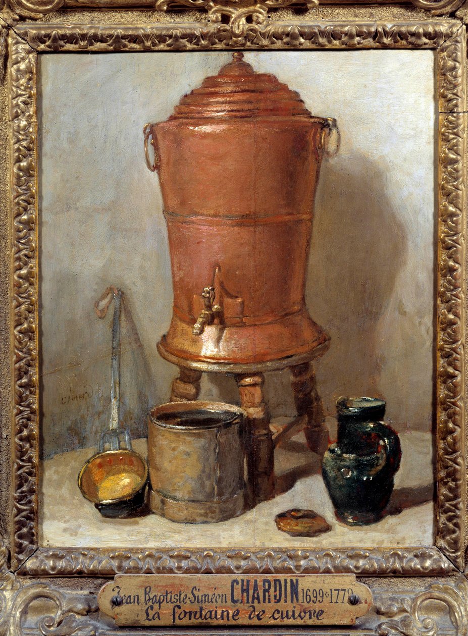 Jean Baptiste Simeon Chardin (1699-1779) La fontaine de copper festménye 1733 Dim. 0,28x0,23 m - A réz ivókút. Jean Baptiste Simeon Chardin (1699-1779) festménye alkotó: Jean Baptiste Simeon Chardin