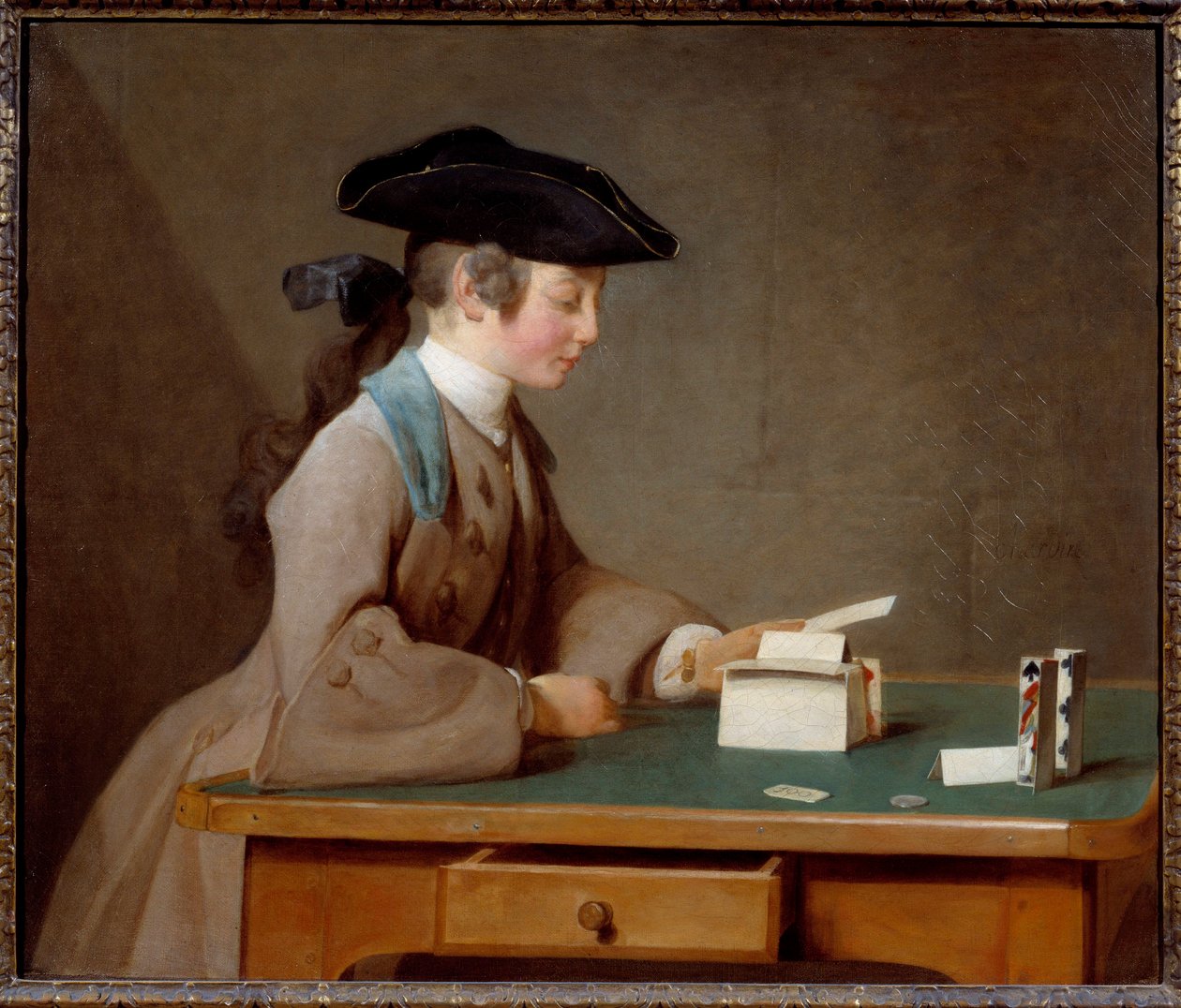 A kártyavár vagy Monsieur Le Noir hangja Jean Baptiste Simeon Chardin (1699-1779) festménye 1737 V. 0,6x0,71 m London, nemzeti galéria - A kártyavár (vagy Mister Noir fia) - Jean Baptiste Simeon Chardin (1699-1779) festménye, olajfestmény alkotó: Jean Baptiste Simeon Chardin