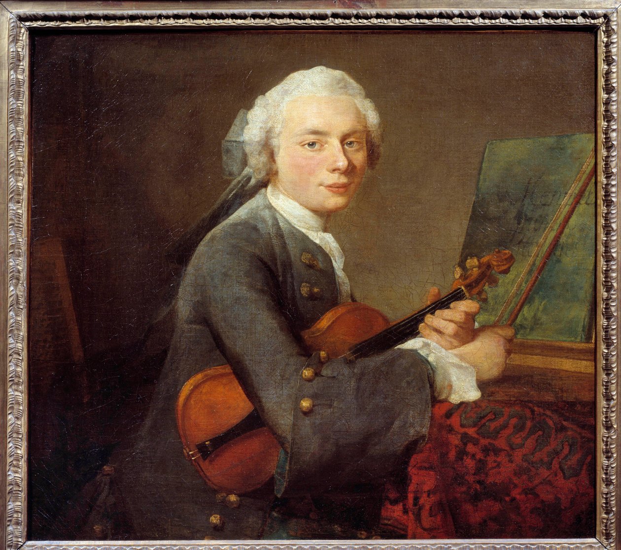 A fiatalember hegedűs vagy Charles Theodose Godefroy portréja (1718-1796) Jean Baptiste Simeon Chardin (1699-1779) festménye V. 0,67x0,74 m – Fiatal férfi hegedűvel vagy Charles Theodose Godefroy (1718-1796) portréja. Jean-Baptiste S. festménye alkotó: Jean Baptiste Simeon Chardin