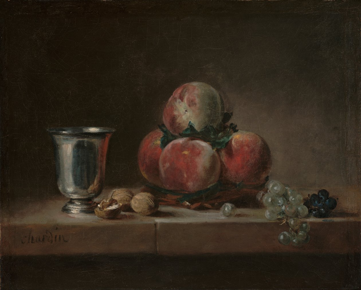 Csendélet őszibarackkal, ezüst serleggel, szőlővel és dióval, 1759-60 körül (olaj, vászon) alkotó: Jean Baptiste Simeon Chardin