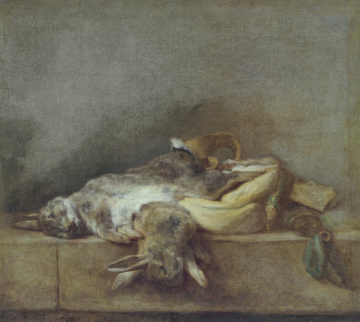 Csendélet nyulakkal, játéktáskával és púderkürttel, 1755 körül alkotó: Jean Baptiste Simeon Chardin