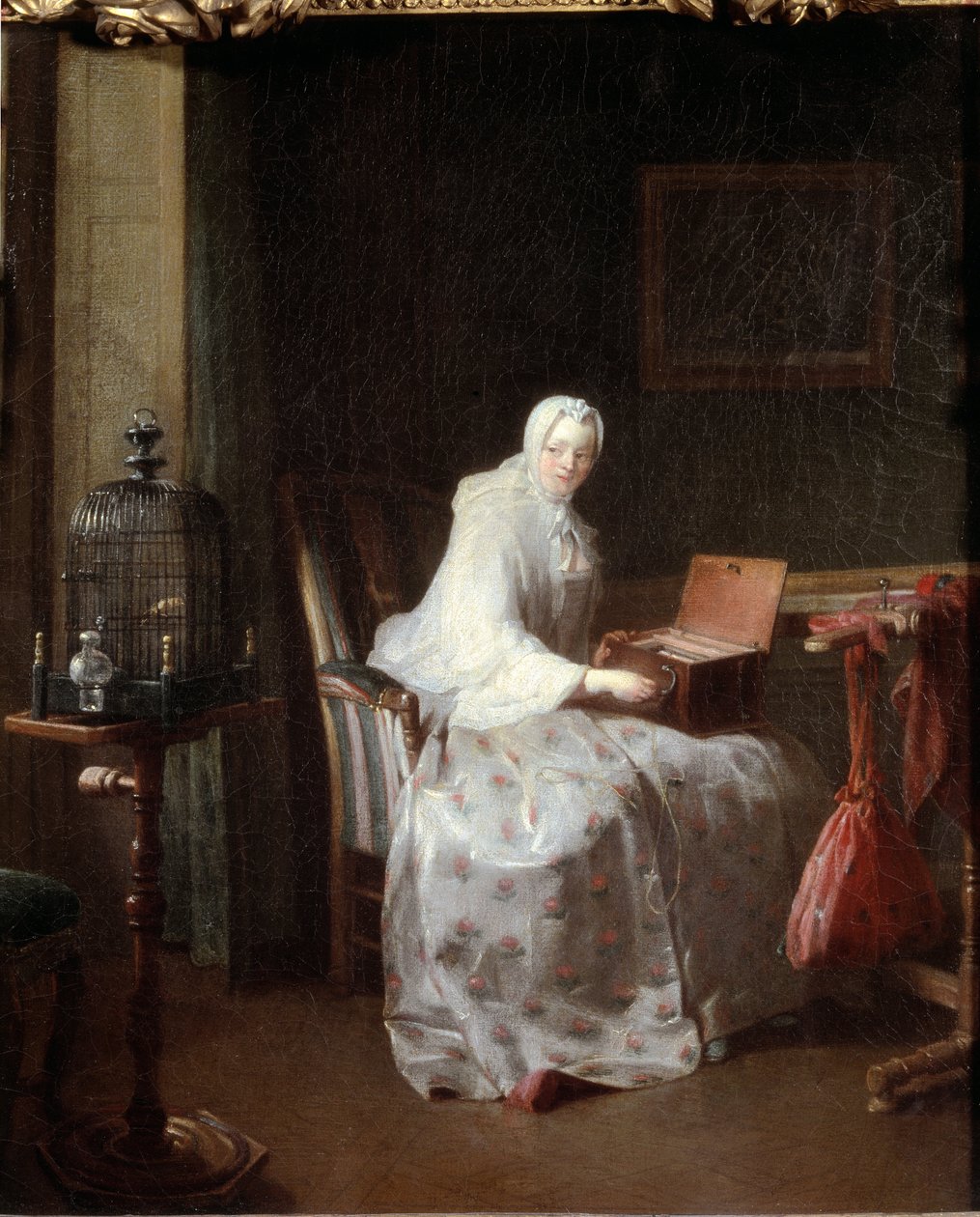 A Kanári vagy a szórakozását variáló nő - olaj, vászon alkotó: Jean Baptiste Simeon Chardin