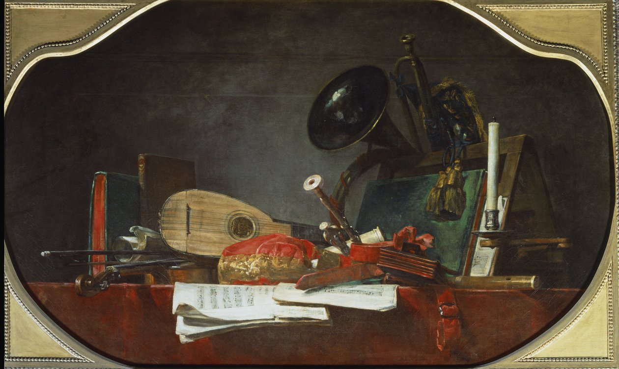 A zene attribútumai Csendélet. Olajfestmény alkotó: Jean Baptiste Simeon Chardin