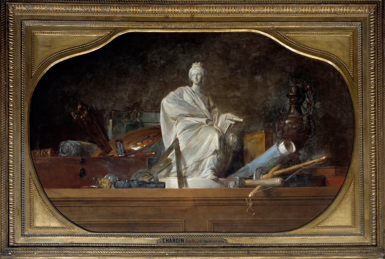 A Művészetek attribútumai A művészetek allegóriája szobrászeszközökkel, szobrocskával. Jean Baptiste Simeon Chardin (1699-1779) festménye 1765 V. 0,91x1,45 m alkotó: Jean Baptiste Simeon Chardin