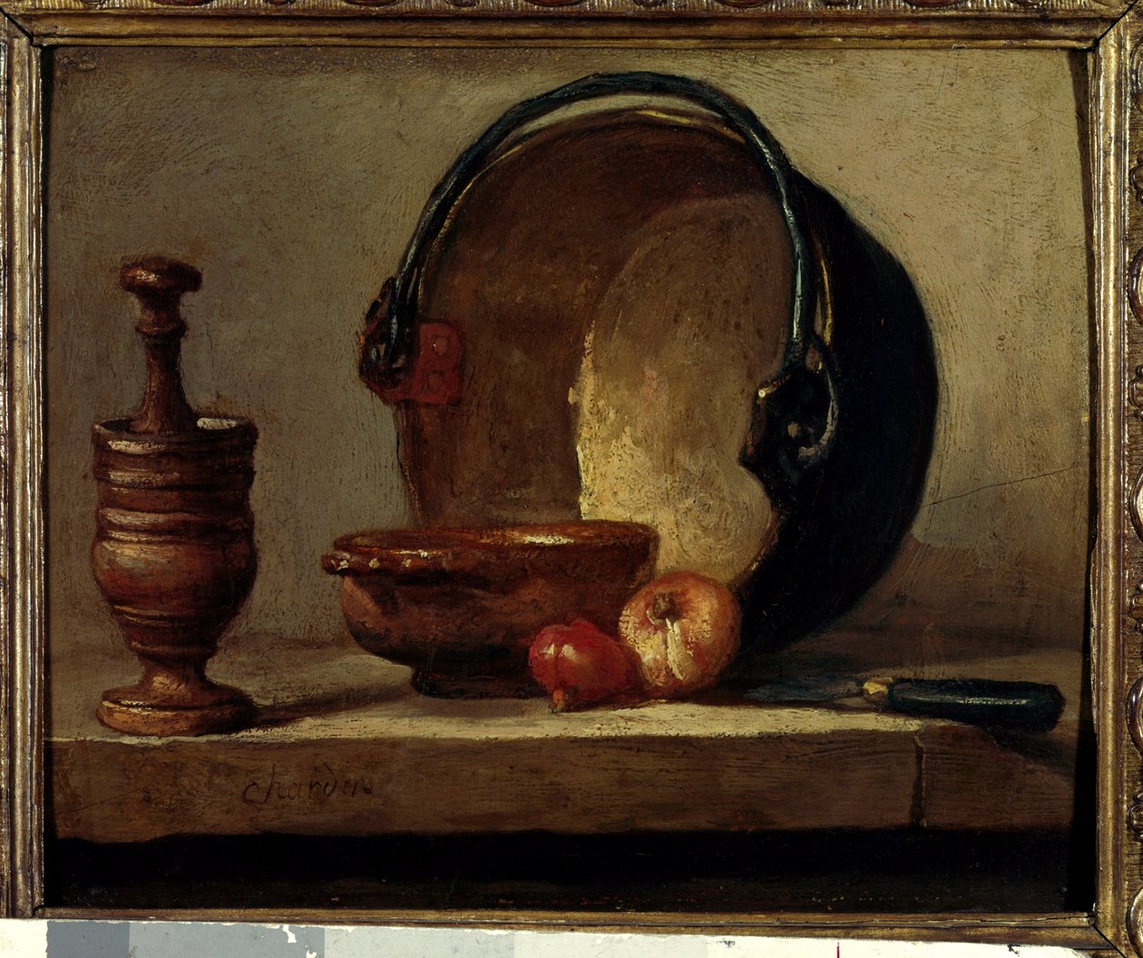 A réz chaudon csendélet mozsárral és hagymával. Jean Baptiste Simeon Chardin (1699-1779) festménye 1732 Párizs, Musee Cognacq Jay alkotó: Jean Baptiste Simeon Chardin