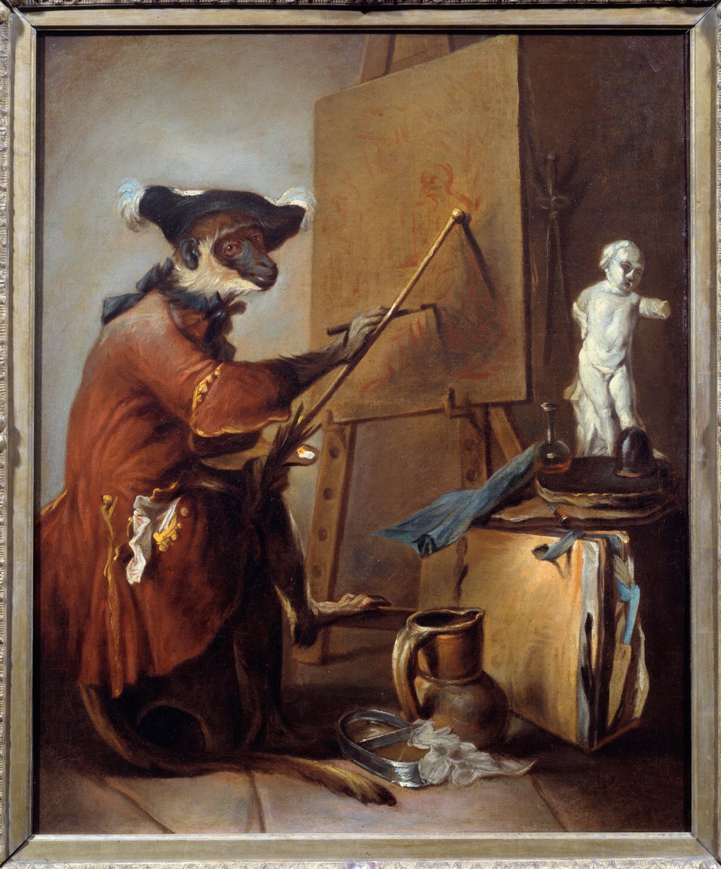 A festő majom. Egy majom ábrázolása férfi testtartásban. Jean Baptiste Simeon Chardin (1699-1779) festménye alkotó: Jean Baptiste Simeon Chardin