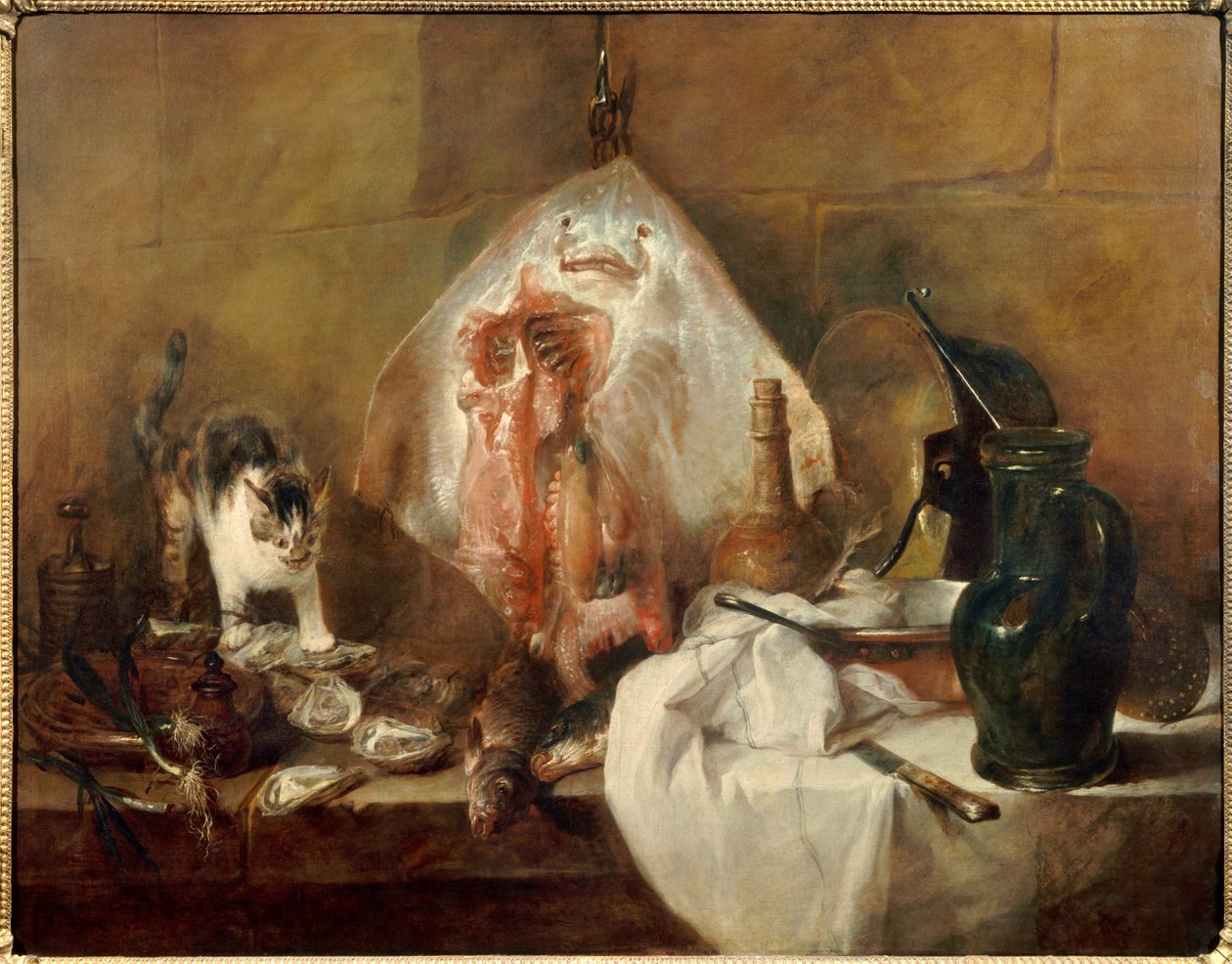 A csendélet korcsolya halak, osztriga, kancsó. Jean Baptiste Simeon Chardin (1699-1779) festménye 1727 V. 1,14 x 1,46 m Párizs. Louvre múzeum alkotó: Jean Baptiste Simeon Chardin