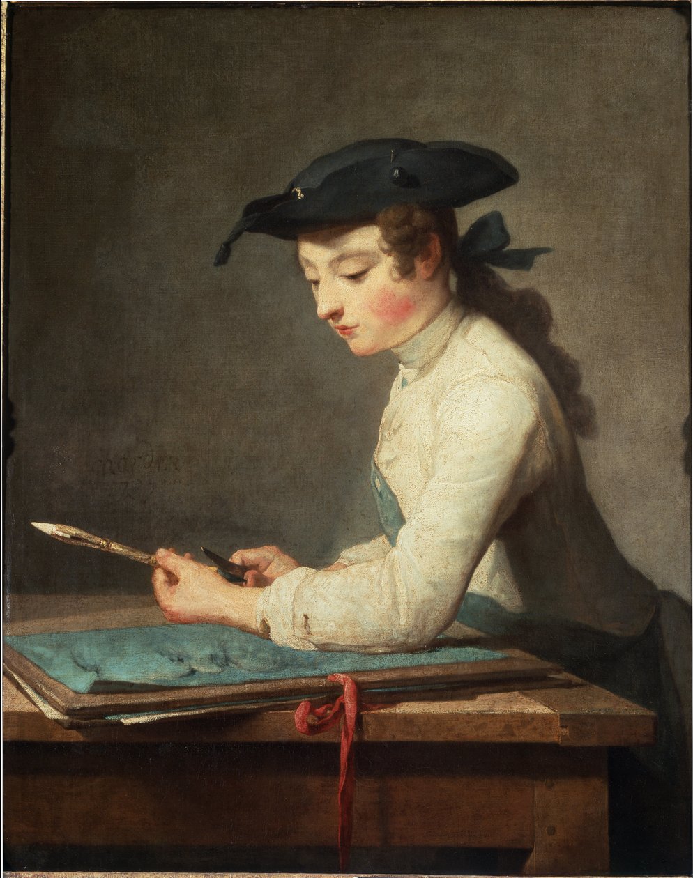 Fiatal karikaturista faragott a ceruzáját. Jean Baptiste Simeon Chardin festménye alkotó: Jean Baptiste Simeon Chardin