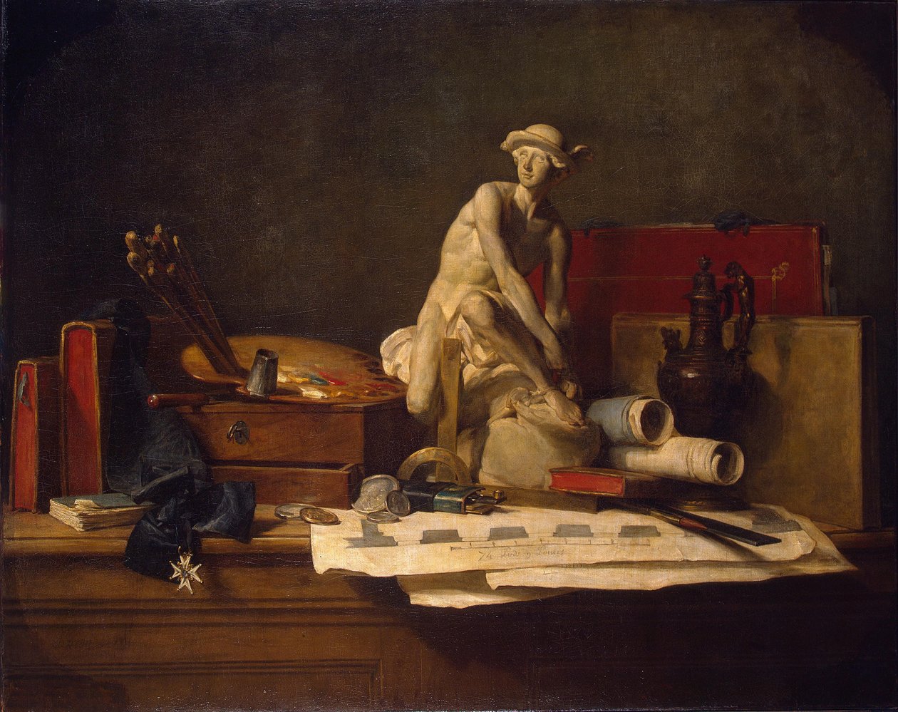 Franciául:  Nature morte avec des attributs des Arts Csendélet a művészetek attribútumaival alkotó: Jean Baptiste Simeon Chardin