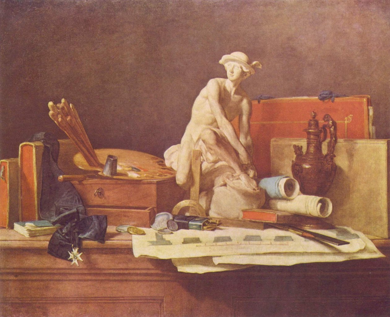 Franciául:  Nature morte avec des attributs des Arts Csendélet a művészetek attribútumaival alkotó: Jean Baptiste Simeon Chardin