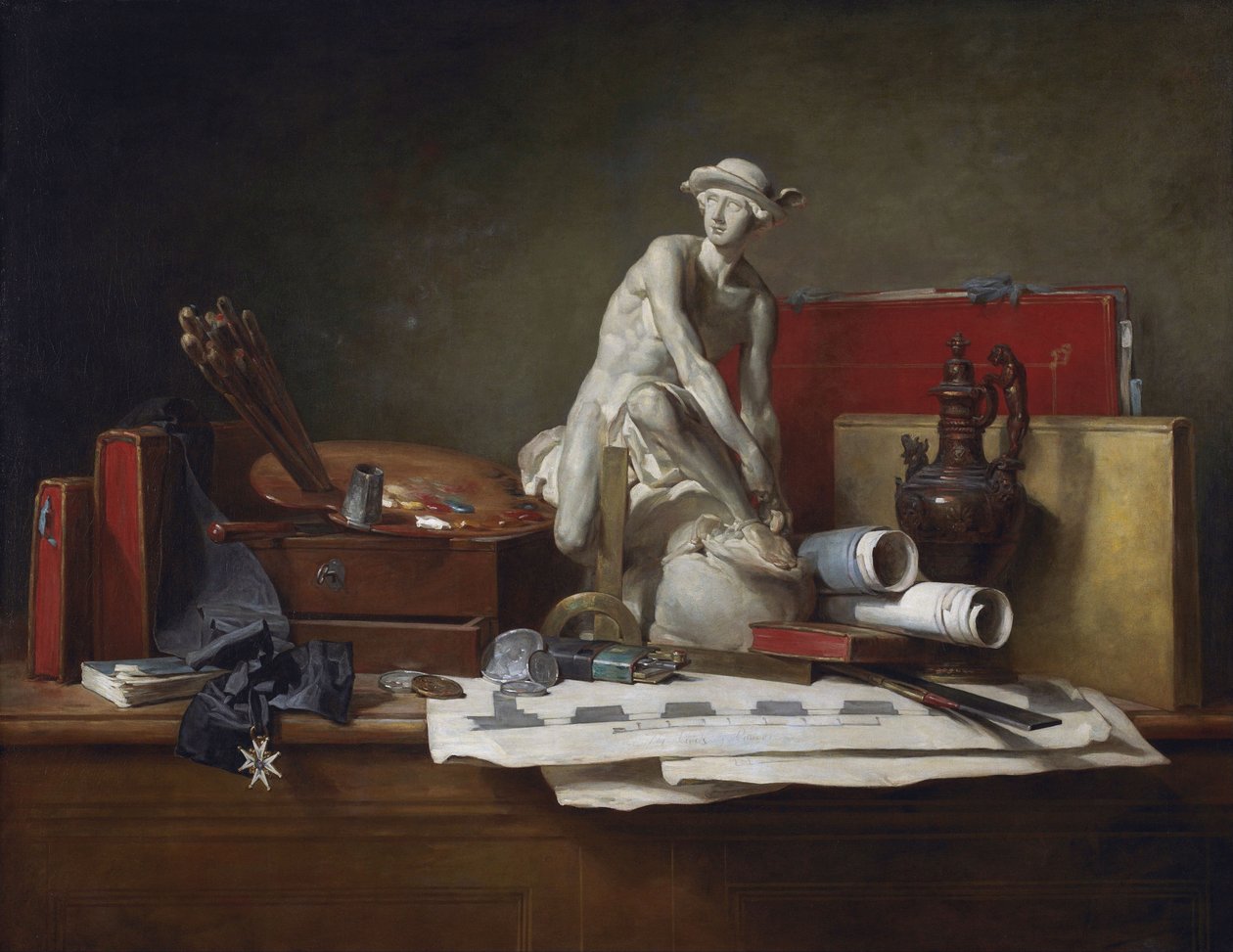 Franciául:  Nature morte aver des attributs des Arts A művészetek attribútumai és a nekik járó jutalmak alkotó: Jean Baptiste Simeon Chardin