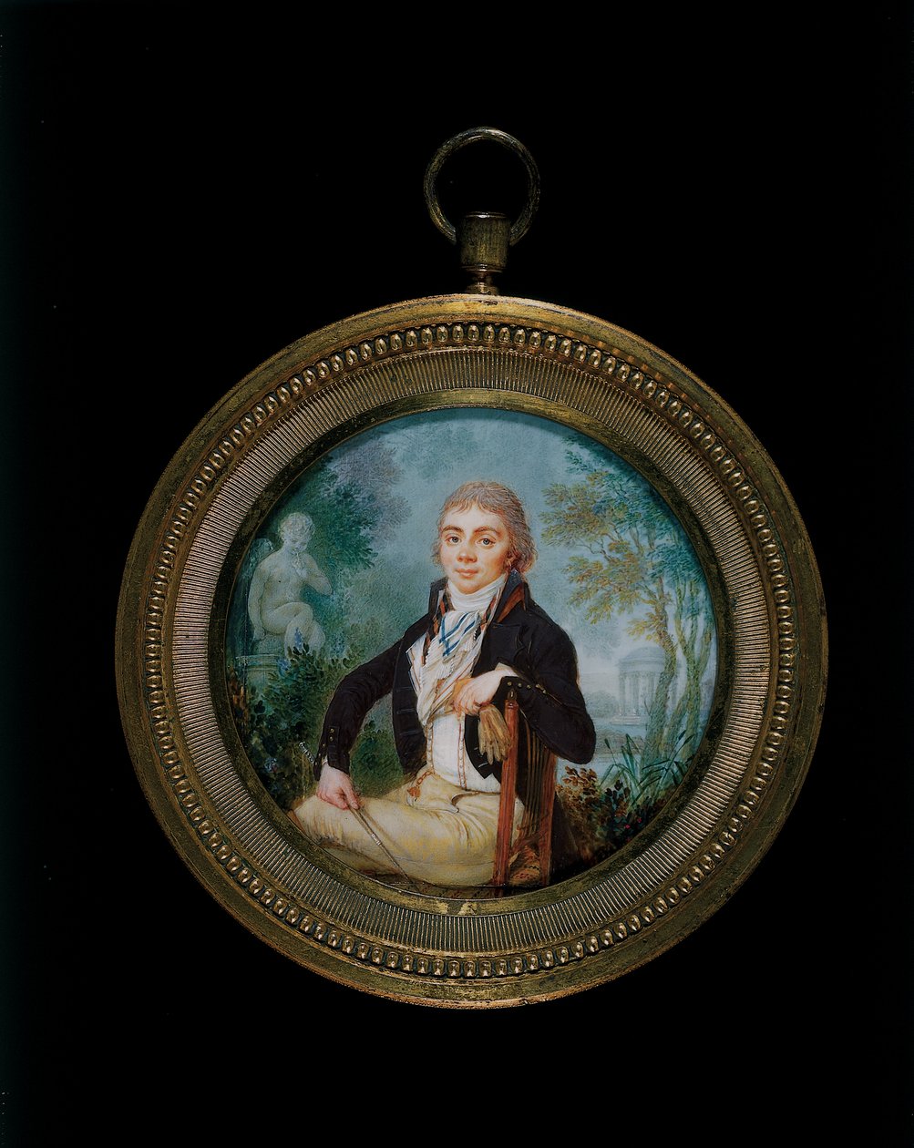 Egy Mr. Videl nevű fiatal úri portré miniatűr, háromnegyed hosszban ülve (aranyozott bronz keret) alkotó: Jean Baptiste Soyer