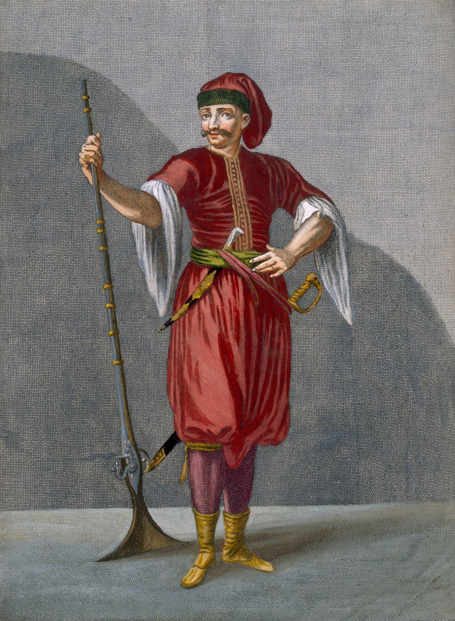 Egy albán katona, 78. tábla Charles de Ferriol „Levante különböző nemzeteit ábrázoló száz lenyomat gyűjteményéből”, vésette: Gerard Scotin (1671-1716), 1707-08 (színes e alkotó: Jean Baptiste Vanmour