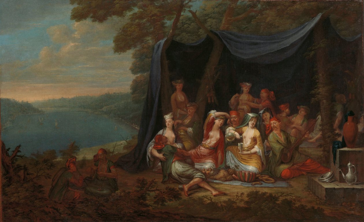 Fête champêtre török ​​udvaroncokkal egy sátor alatt Bulizó török ​​udvaroncok egy sátor előtt alkotó: Jean Baptiste Vanmour