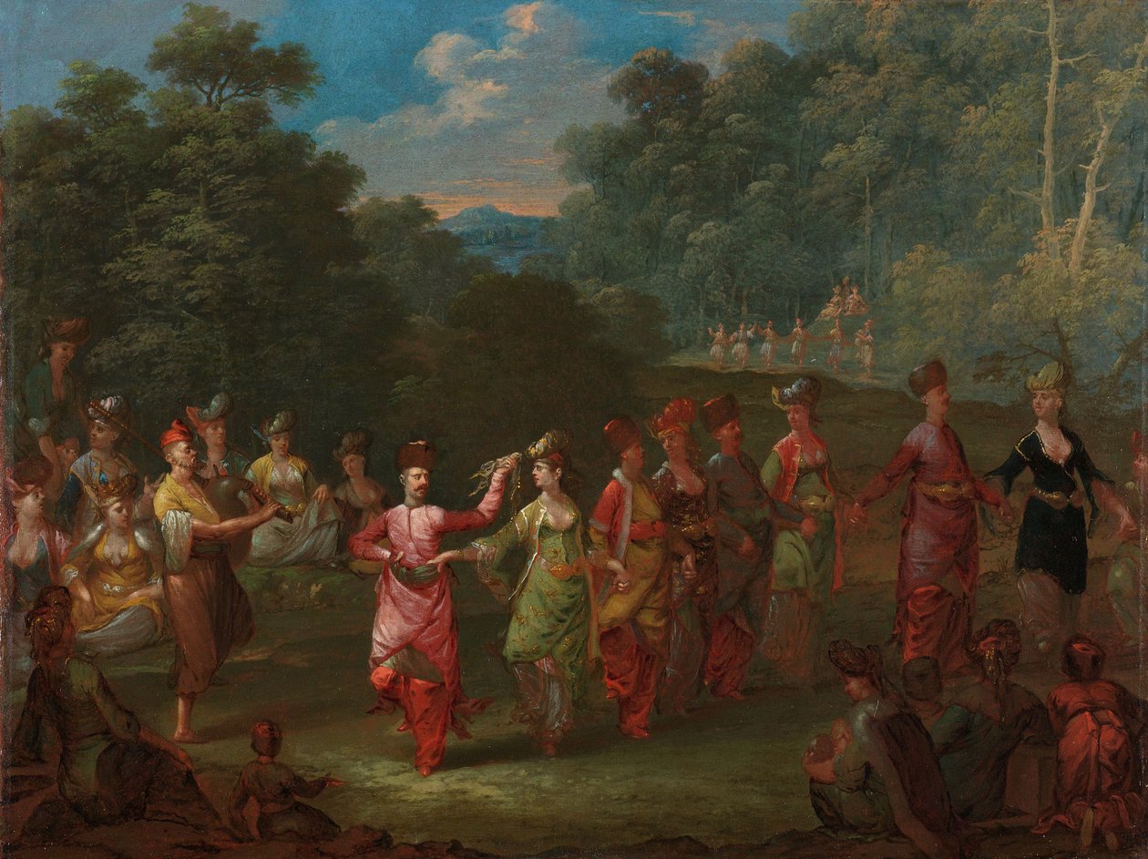 Khorrát táncoló görög férfiak és nők, 1720-37 körül alkotó: Jean Baptiste Vanmour