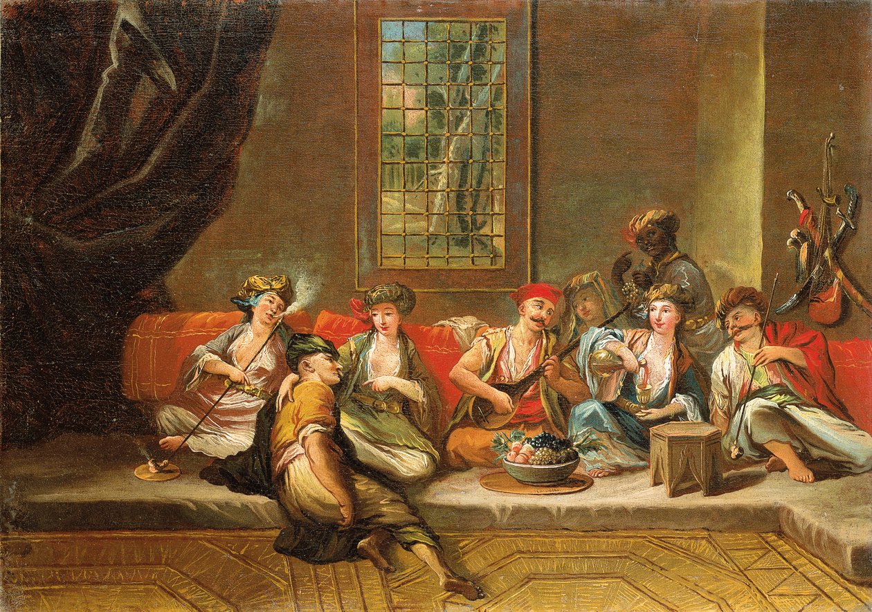 Görög tengerészek mulatózó belső térben alkotó: Jean Baptiste Vanmour