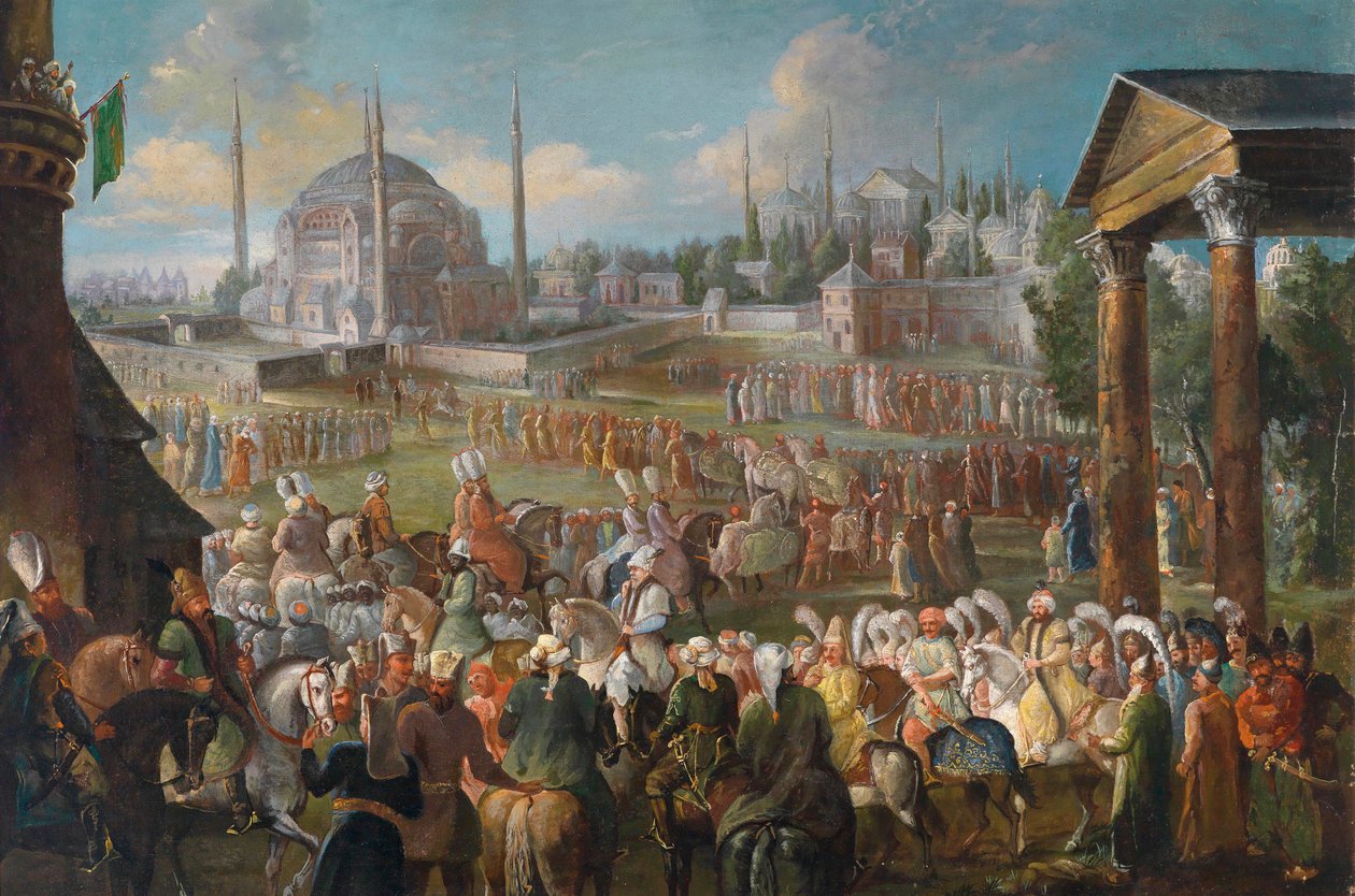 Szultáni körmenet Isztambulban - Jean Baptiste van Mour (Jean-Baptiste Vanmour) festménye (1671-1737), 1736 körül - A szultáni körmenet Isztambulban - Jean Baptiste van Mour (Vanmour) olajfestménye (1671-1737), c17367 - 62x93 cm - Magángyűjtemény alkotó: Jean Baptiste Vanmour