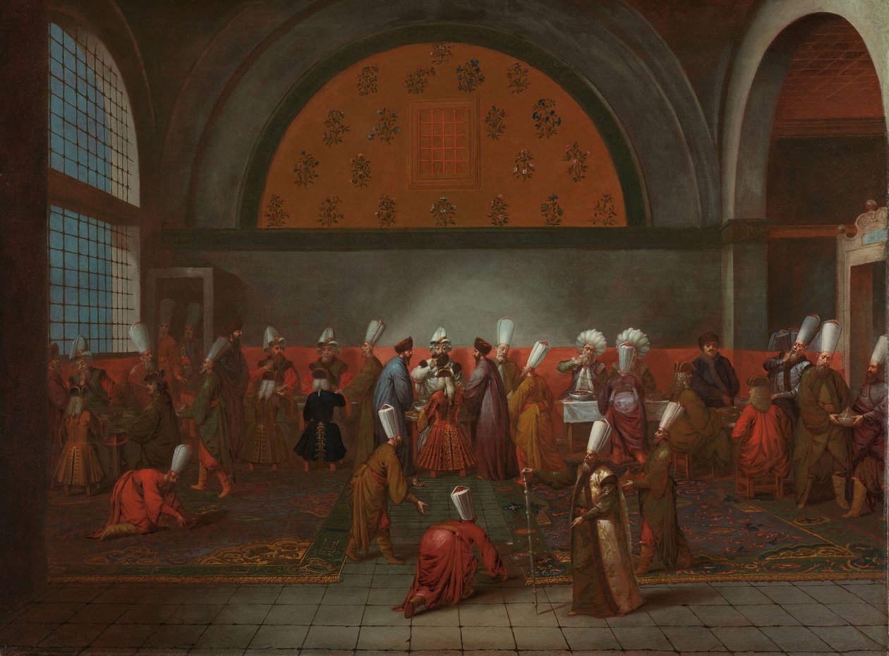 Vacsora Cornelis Calkoen nagykövet tiszteletére Az étkezés, amelyet a nagyvezír nyújtott át Cornelis Calkoen nagykövetnek III. Ahmed szultán nevében, 1727. szeptember 14-én alkotó: Jean Baptiste Vanmour