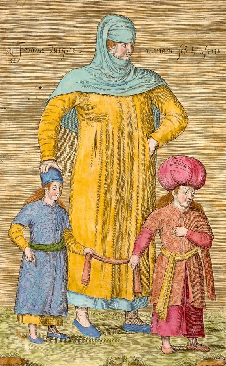 Nő vezeti a gyermekeit, tányér Charles de Ferriol „Száz lenyomatának gyűjteményéből, amely a Levant különböző nemzeteit ábrázolja”, 1707-08 alkotó: Jean Baptiste Vanmour