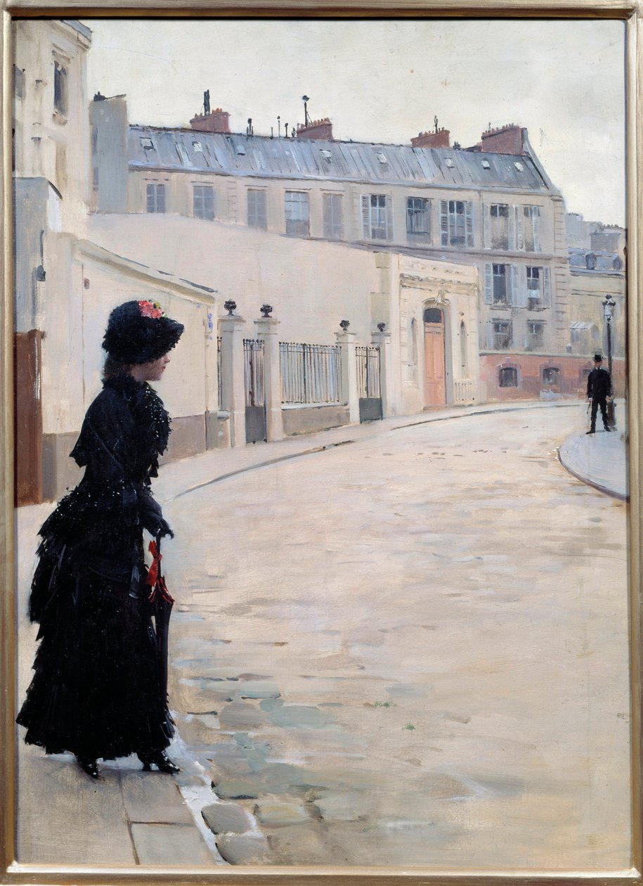 Várakozás, rue de Chateaubriand Párizsban Jean Beraud festménye (1849-1935) alkotó: Jean Beraud