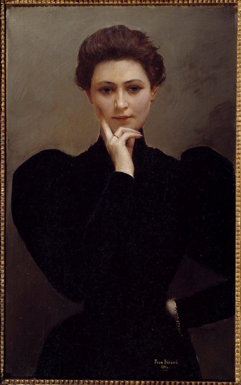 Meditáció Egy töprengő fiatal nő, divatos Belle Epoque öltözékben. Jean Beraud festménye alkotó: Jean Beraud