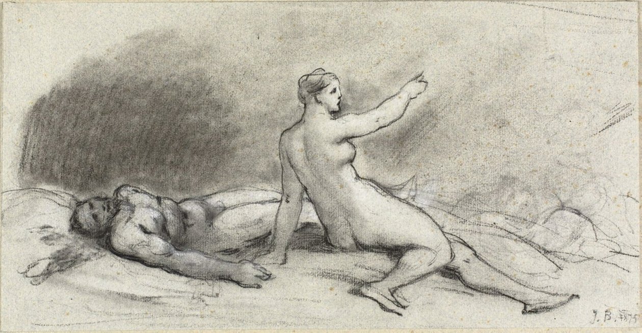 Meztelen nő ül alvó meztelen férfival (recto); Női törzs hátulról nézve (verso) alkotó: Jean Beraud