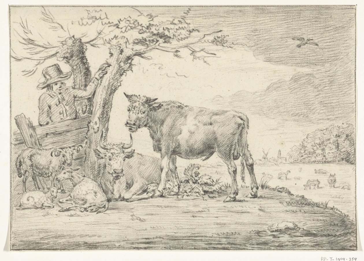 Farmer állt a kerítés mellett szarvasmarhákkal alkotó: Jean Bernard