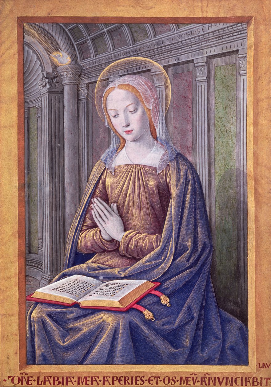 Add hozzá a 25254 Az Angyali üdvözletet fogadó Szűzanya a VII. Henrik óráiból, Tours, 1500 körül (vellum) alkotó: Jean Bourdichon