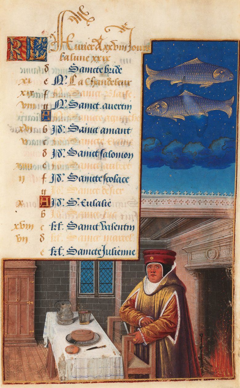 XII. Lajos órái (korábban VII. Henrik órái), február hónapra vonatkozó naptárlap, 1490-1510 körül (tempera pergamenre) alkotó: Jean Bourdichon