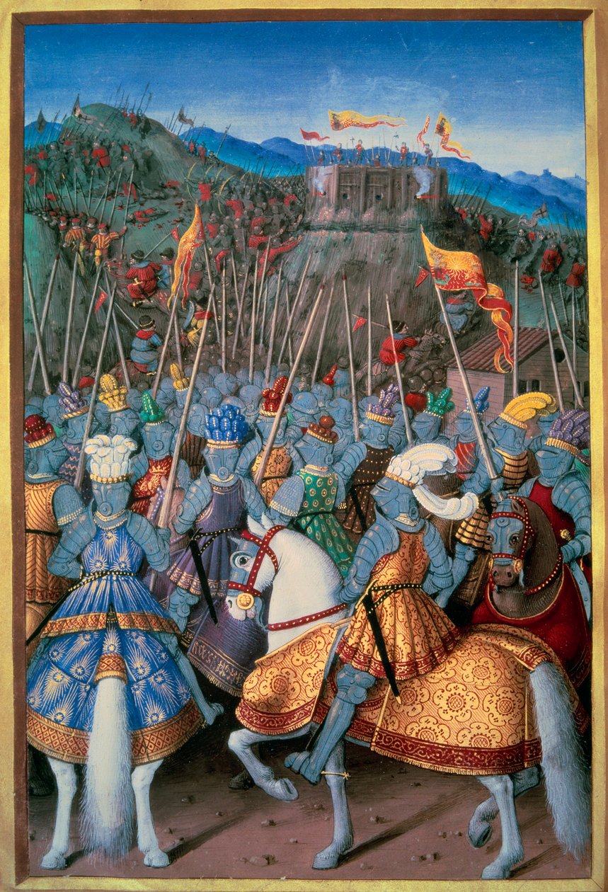 Olasz háborúk: XII. Lajos király (1462-1515) csapataival megtámadta Genest 1507-ben. Miniatűr Jean Marot (1450-1526) „A gének utazása” című művéből, Jean Bourdichon (1457-1521) megvilágításával 1510 Párizs, B.N. alkotó: Jean Bourdichon
