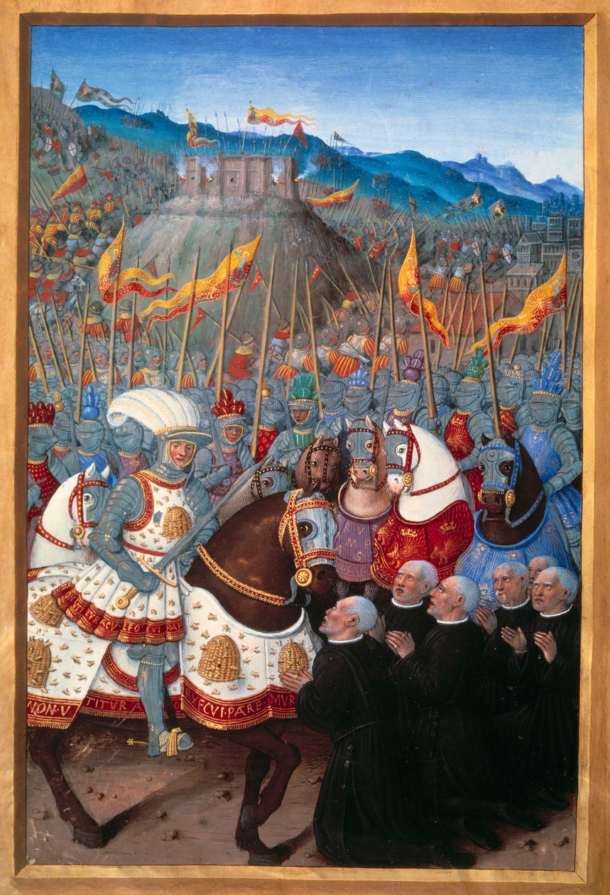 XII. Lajos (1462-1515) hat burzsoát kapott a Genestől térdelve (1507. április 25.). Jean Bourdichon (1457? - 1521) miniatúrája a „Voyage de Genes”-ben (Folio 20v), írta Jean Marot, v.1508. Paris, B N alkotó: Jean Bourdichon
