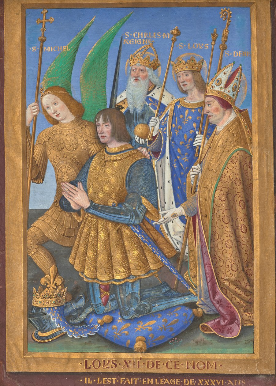 XII. Lajos, imában térdelve, Szent Mihály, Nagy Károly, Lajos és Denis kíséretében alkotó: Jean Bourdichon