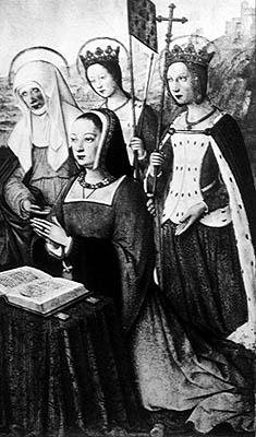 Ms lat 9474 f.3v Bretagne-i Anna Szent Annával, Szent Orsolával és Szent Ilonával, miniatűr a Bretagne-i Anna Grandes Heures-éből, 1503–1508 körül (lásd még: 151193) alkotó: Jean Bourdichon