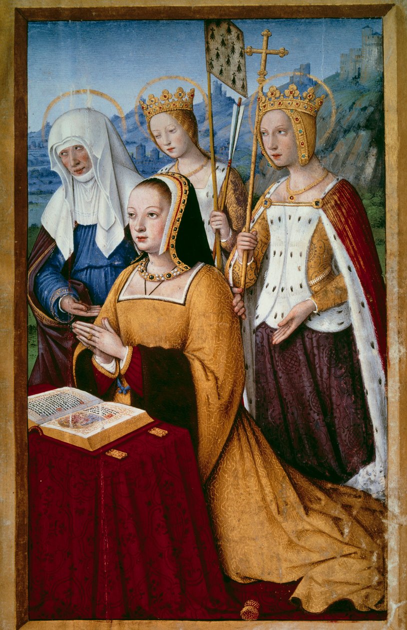 Bretagne-i Anna (1477-1514), francia királynő portréja imádkozik szent védőszentjével, Szent Annával, Szent Ilonával és Szent Orsolya Miniatűr, Jean Bourdichon (1457-1521) „A bretagne-i Anna nagy óráiból” 1503-1508. Paris, B.N. alkotó: Jean Bourdichon