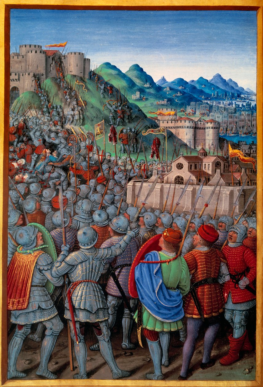 A genovaiak megtámadták a franciák Castellacio de Genes gárdáját (1507. március 12.). Jean Bourdichon (1457? - 1521) miniatúrája a „Voyage de Genes”-ben (Folio 20v), írta Jean Marot, v.1508. Párizs, NL alkotó: Jean Bourdichon