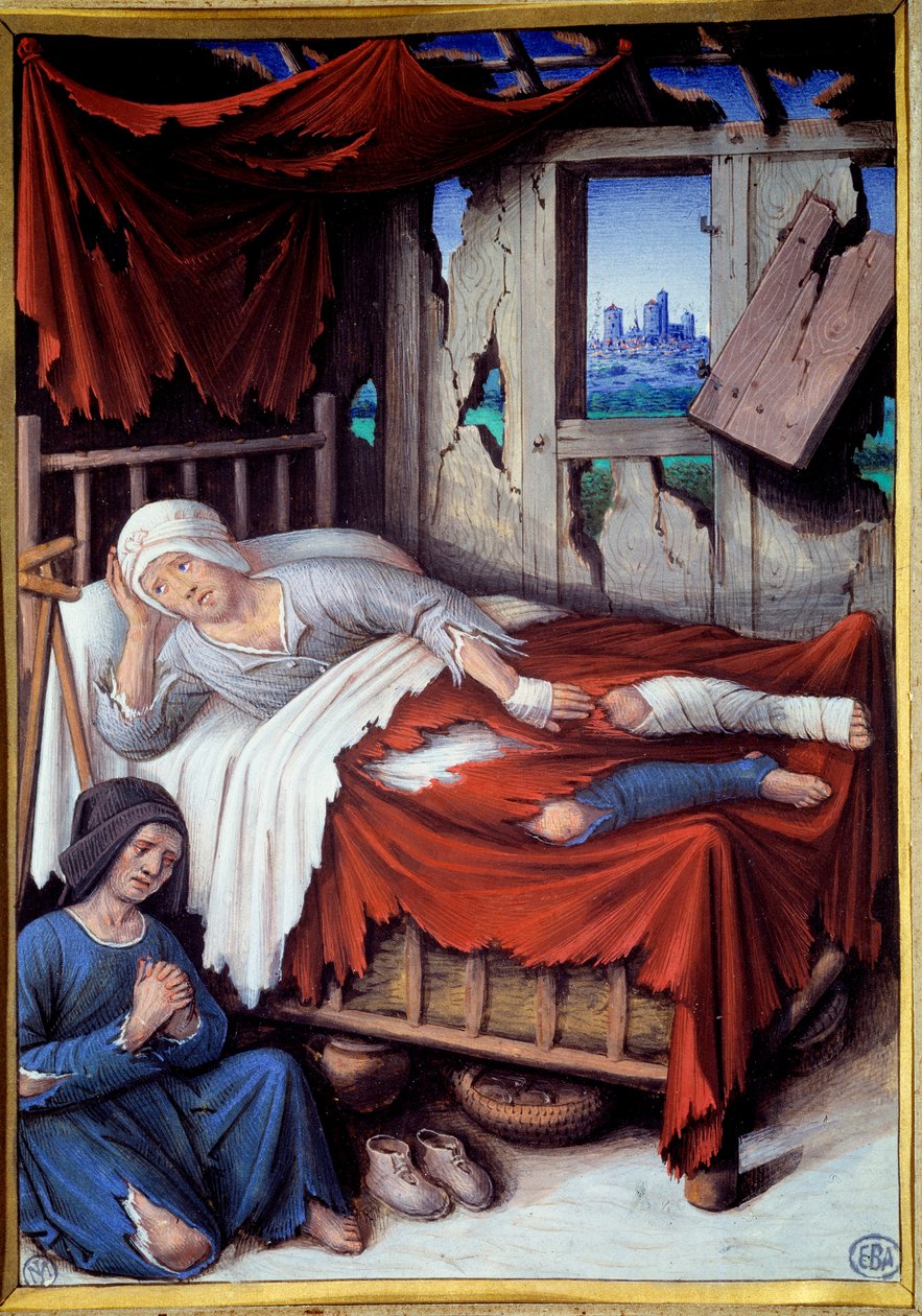 Szegény ember halála. Egy nő egy haldokló férfi ágyánál, imádkozz. Jean Bourdichon festménye (1457-1521) alkotó: Jean Bourdichon