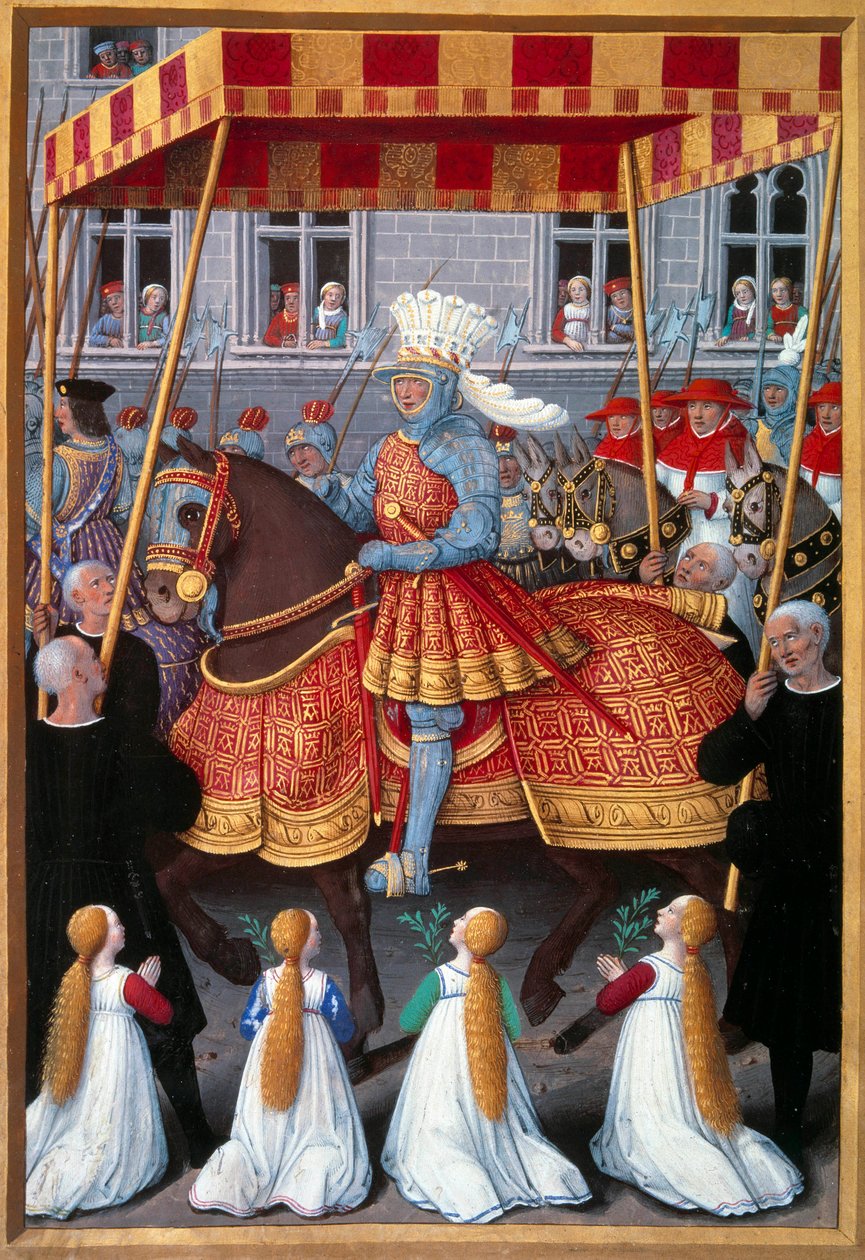 XII. Lajos király (1462-1515) diadalmas bejárata a Genesbe 1507 áprilisában Miniatűr Jean Marot (1450-1526) „Le voyage a Genes” című művéből, Jean Bourdichon (1457-1521) fényében 1508. Paris, B.N. alkotó: Jean Bourdichon