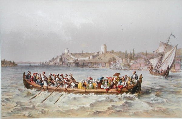 Komphajó a Boszporuszon, illusztráció a „Souvenirs de Constantinople”-ből, 1855-ben (színes litho) alkotó: Jean Brindesi
