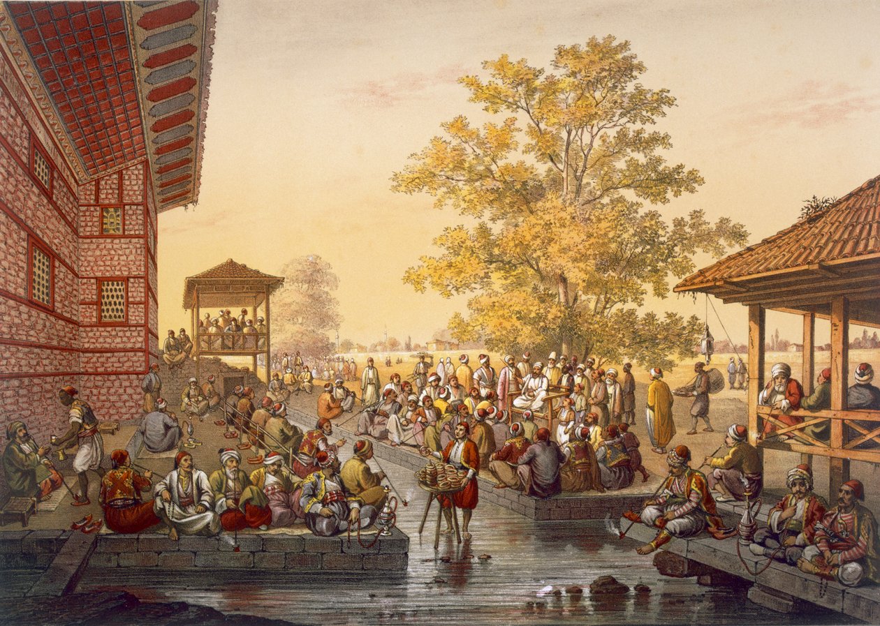 Szabadidős jelenet Pinarbasiban, Bursa szomszédságában. Mesemondó szórakoztatja a közönséget a Souvenirs de Constaninople kocsmából. 1845 alkotó: Jean Brindesi