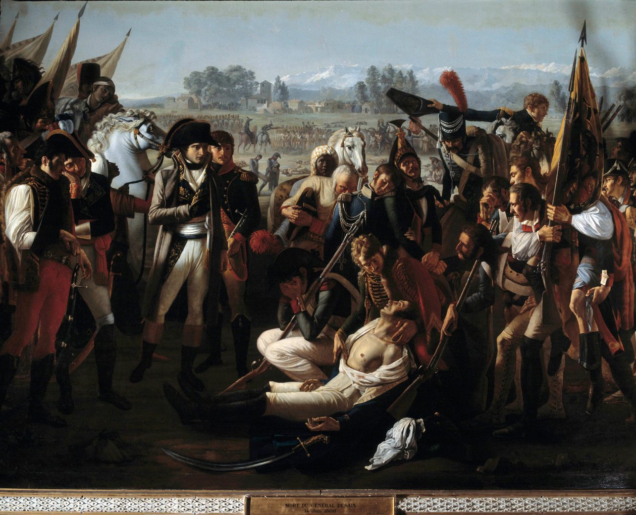 Charles Antoine Desaix de Veygoux tábornok (1768-1800) halála a marengói csatában 1800. június 14-én Bonaparte Napóleon (1769-1821) szeme láttára. Jean Broc (1771-1850) festménye XIX. Homályos. 3,2x4,5 m. alkotó: Jean Broc