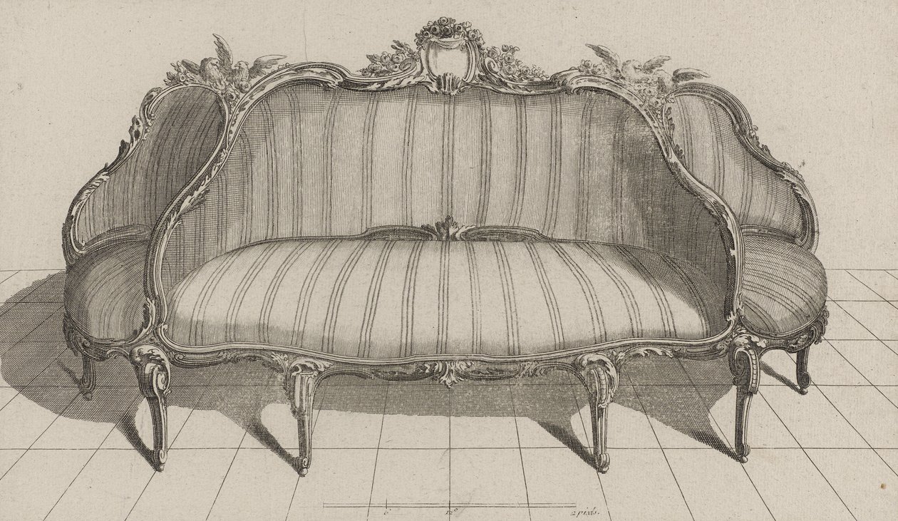 Sofa à Jouë pictoresque stílusban, az 1770-es évek közepén jelent meg (metszet fektetett papírra) alkotó: Jean Charles (after) Delafosse