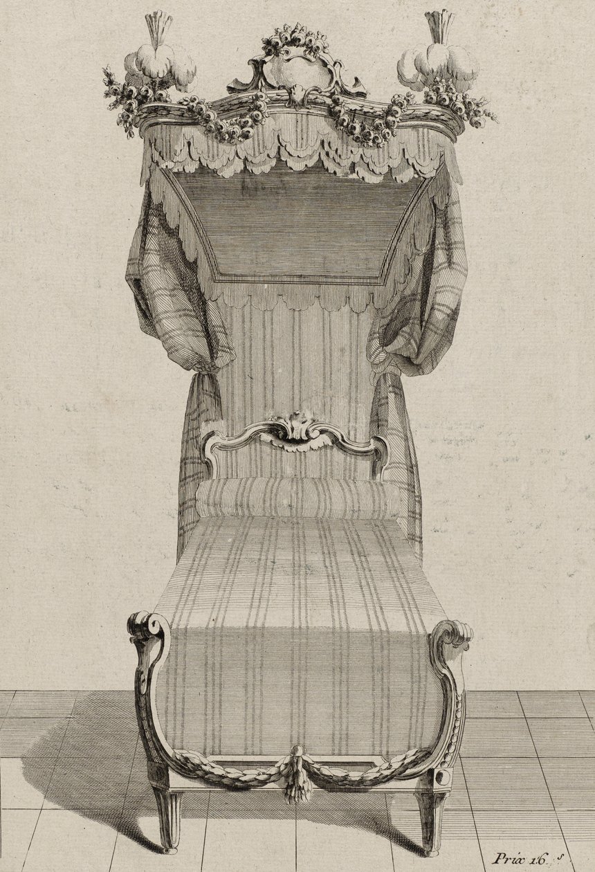 Francia ágy, megjelent az 1770-es évek közepén (metszet fektetett papírra) alkotó: Jean Charles (after) Delafosse