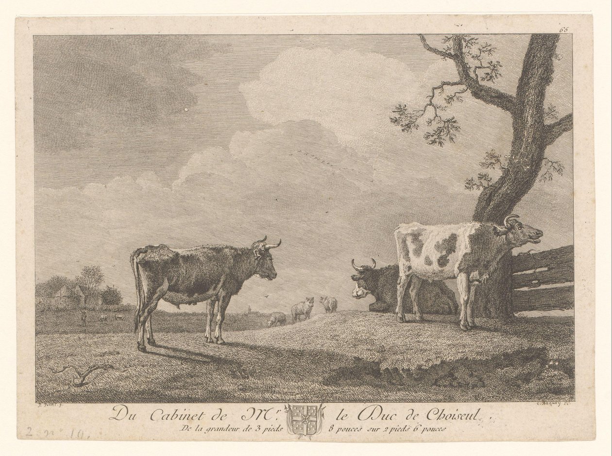 Három tehén a réten Művek Étienne François de Choiseul gyűjteményéből (sorozat címe) Du kabinet de mr. le Duc de Choiseul (sorozat címe az objektumon) alkotó: Jean Charles Baquoy