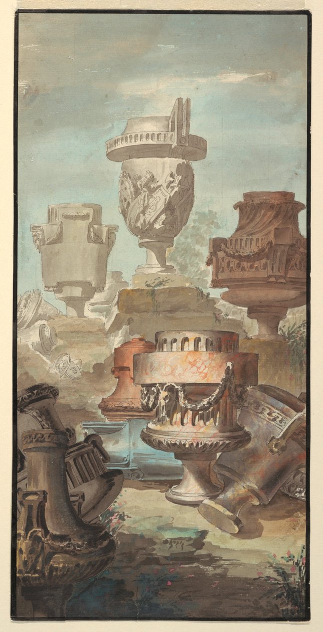 Rajzolás, Ruin Fantasy: Vázák és urnák, 1770 alkotó: Jean Charles Delafosse