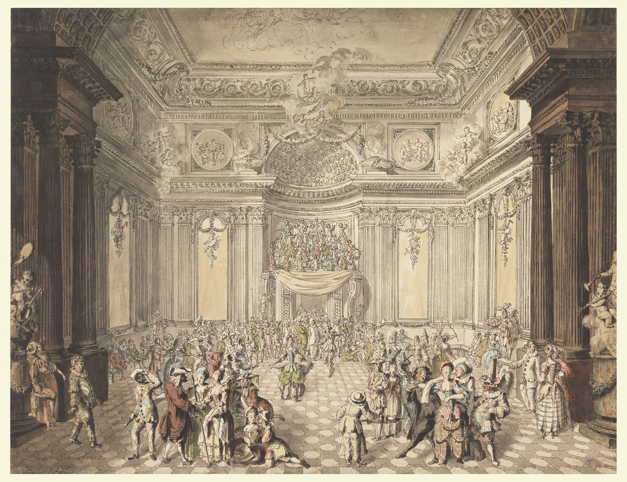 Rajz, Álarcosbál látképe, 1770-80 alkotó: Jean Charles Delafosse