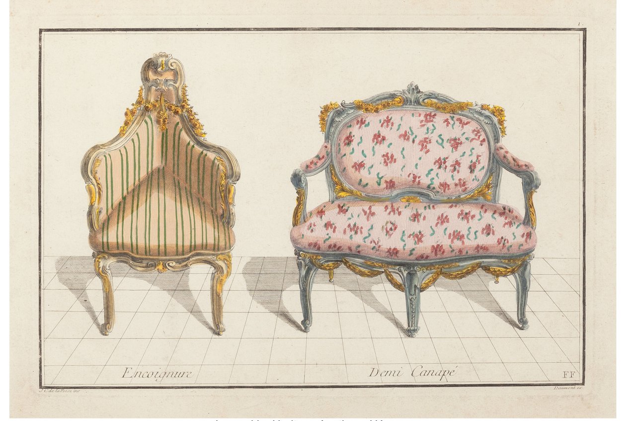 Sarok, fél kanapé. New Historical Iconology or Attributes Hierogliphyques, 1768 körül. alkotó: Jean Charles Delafosse
