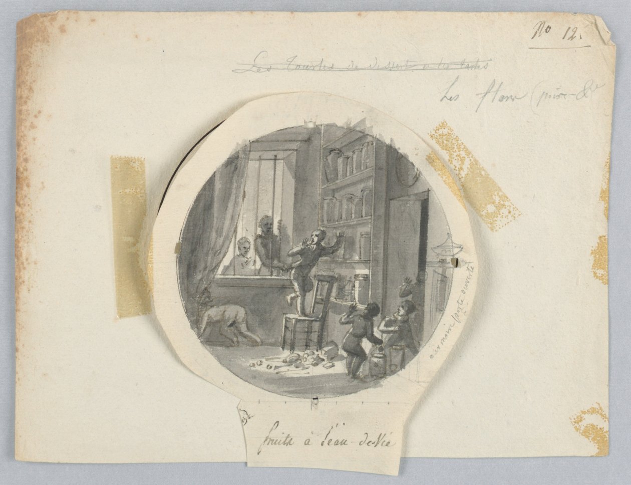 Tervezés festett porcelántányérhoz, gyümölcsök szilvalikőrben a Services des Objets de Dessert (desszertszolgáltatás) számára alkotó: Jean Charles Develly
