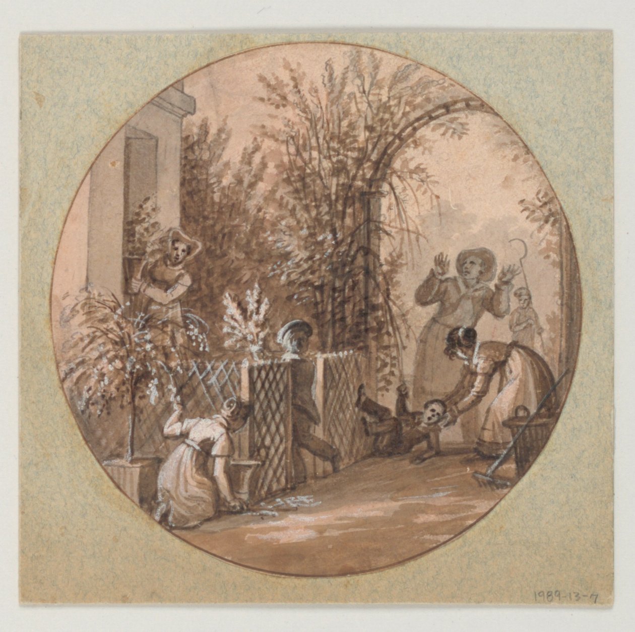 Festett porcelántányér tervezése, kerti jelenet a Service de la Culture des Fleurs-től (Virágtermesztési Szolgálat) alkotó: Jean Charles Develly