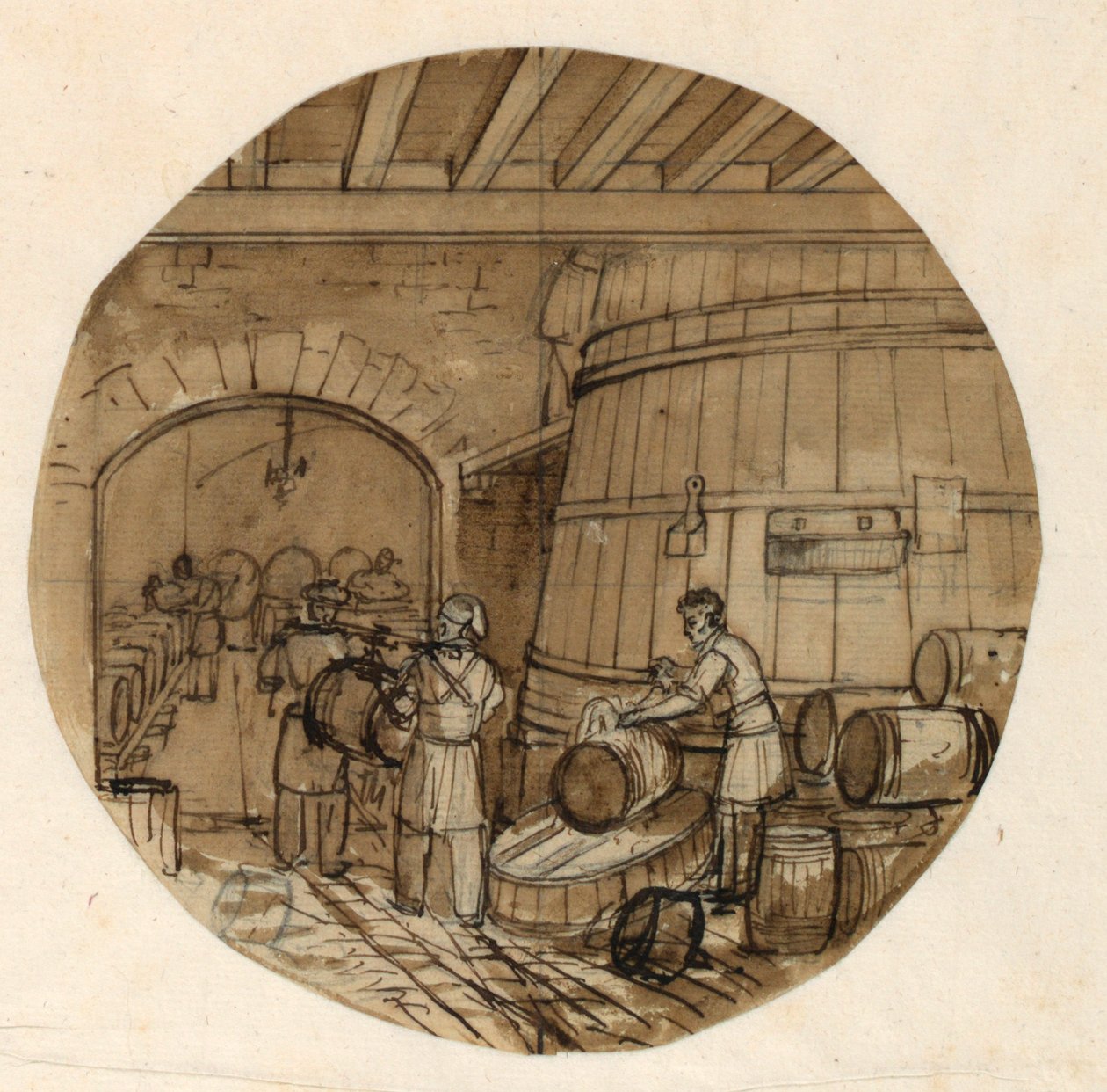 Tervezés porcelántányérhoz, sörfőzdebelső a Sevres Industrial Arts Service számára alkotó: Jean Charles Develly
