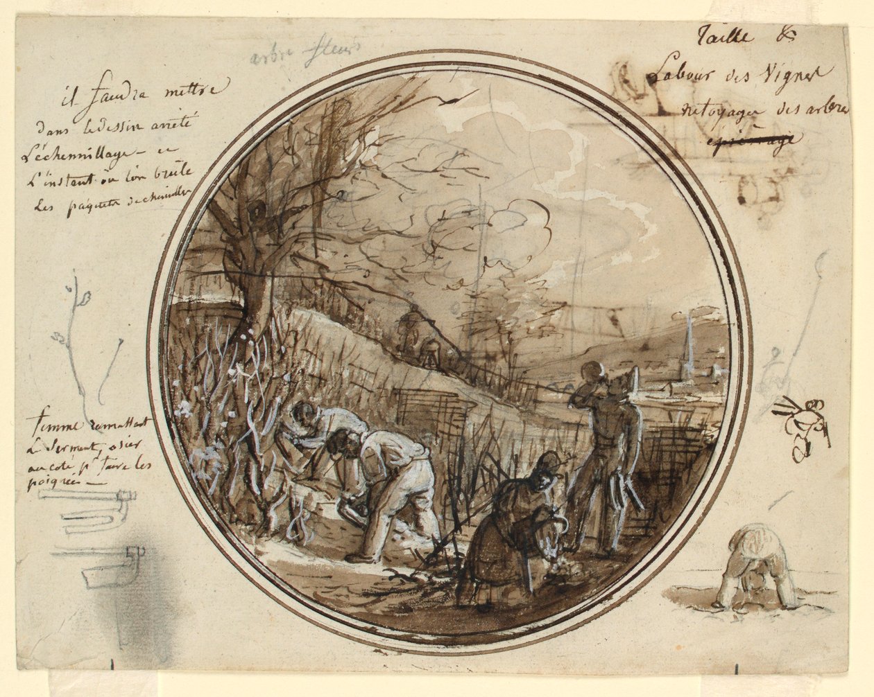 Rajz, festett porcelántányér terv, Vágás és munka a szőlőskertben, 1819-20 alkotó: Jean Charles Develly